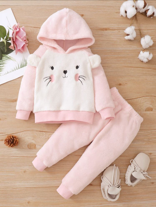 SHEIN Baby Cartoon Embroidered 3D Ear Teddy Hoodie & Carrot Pants - 12 Months