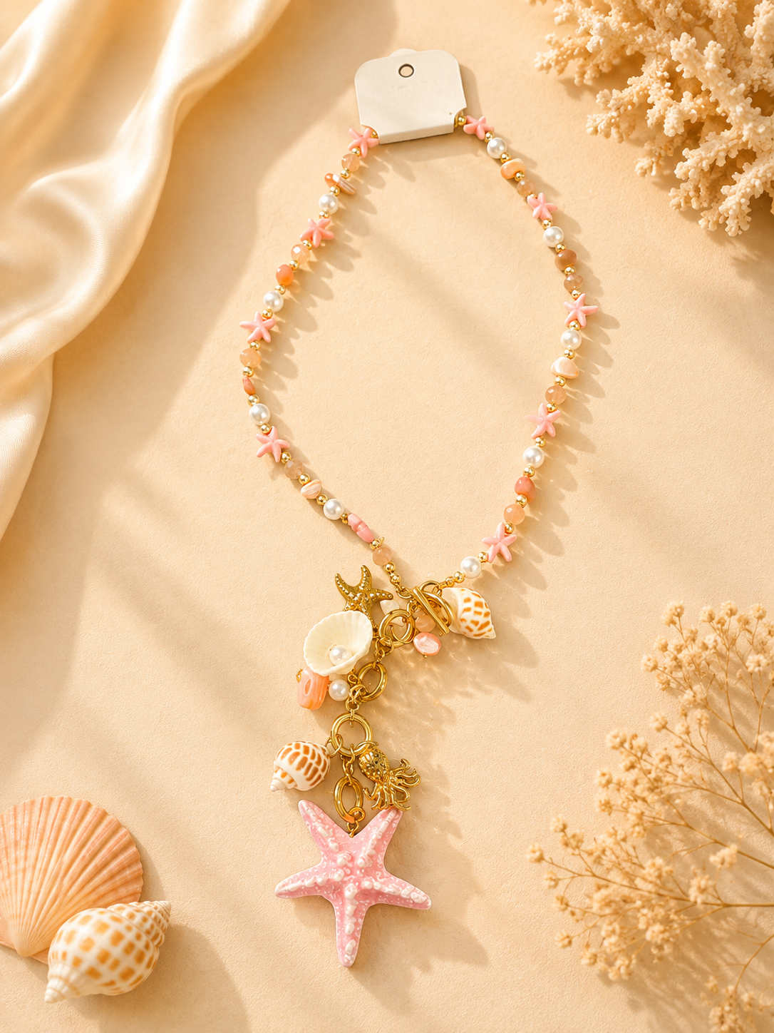 Beachy Seashell & Starfish Charm Necklace – Colorful Beaded Statement Necklace