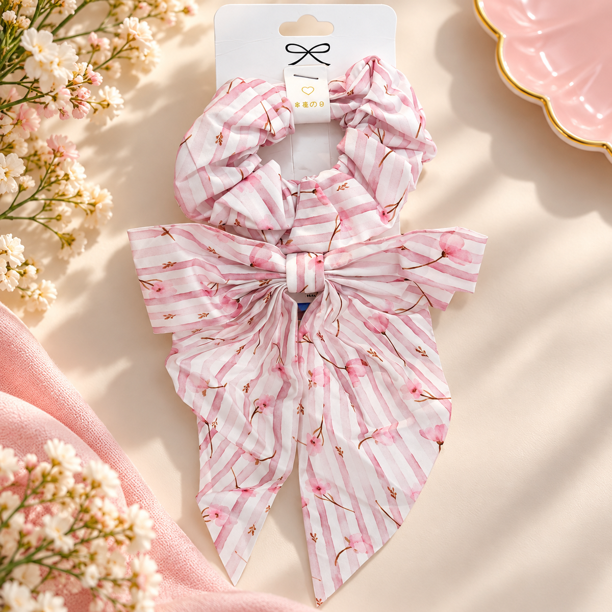 Girls’ Pink Bow Scrunchie & Long-Tail Hair Bow Set – Assorted Prints