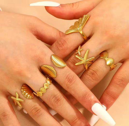 Trendy Gold Color Stainless Steel Ring for Women Bohemian Shell Starfish Conch Flower Butterfly Heart Ring Party Jewelry Gift