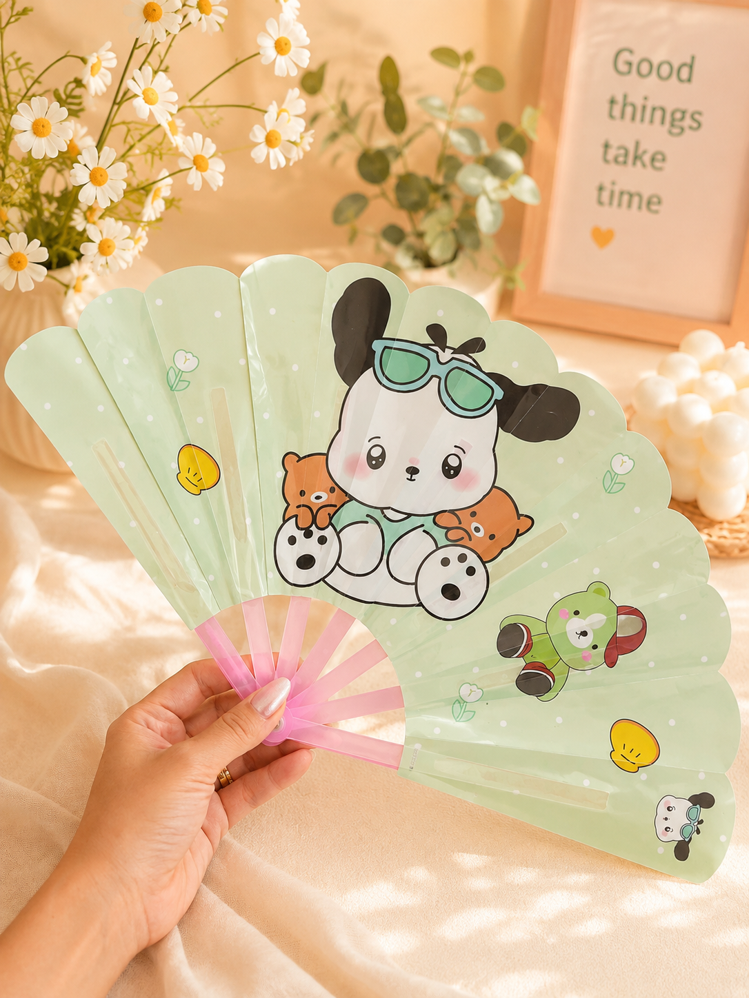 Cute Cartoon Folding Hand Fan – Portable Summer Fan with Puppy & Bear Design