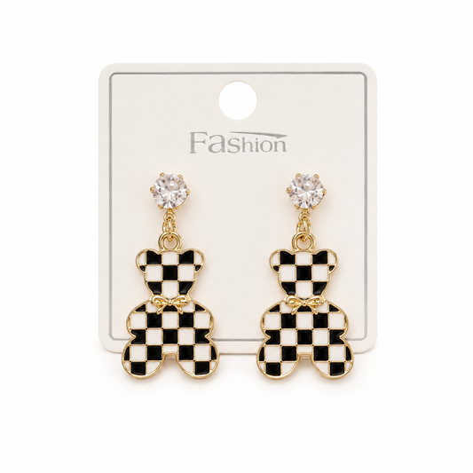 Checkerboard Teddy Bear Drop Earrings – Gold Plated Rhinestone Stud Earrings