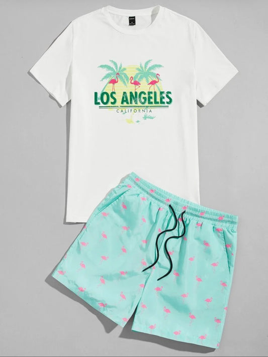 Manfinity Men Flamingo and Letter Print Top & Shorts Set - Medium