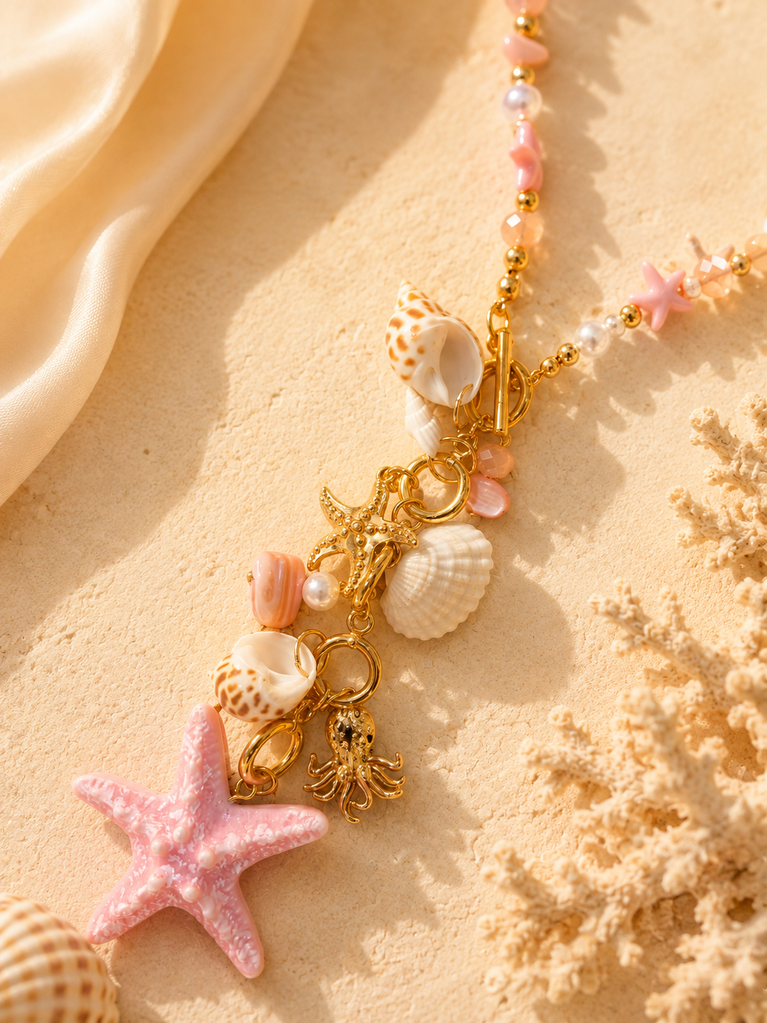 Beachy Seashell & Starfish Charm Necklace – Colorful Beaded Statement Necklace