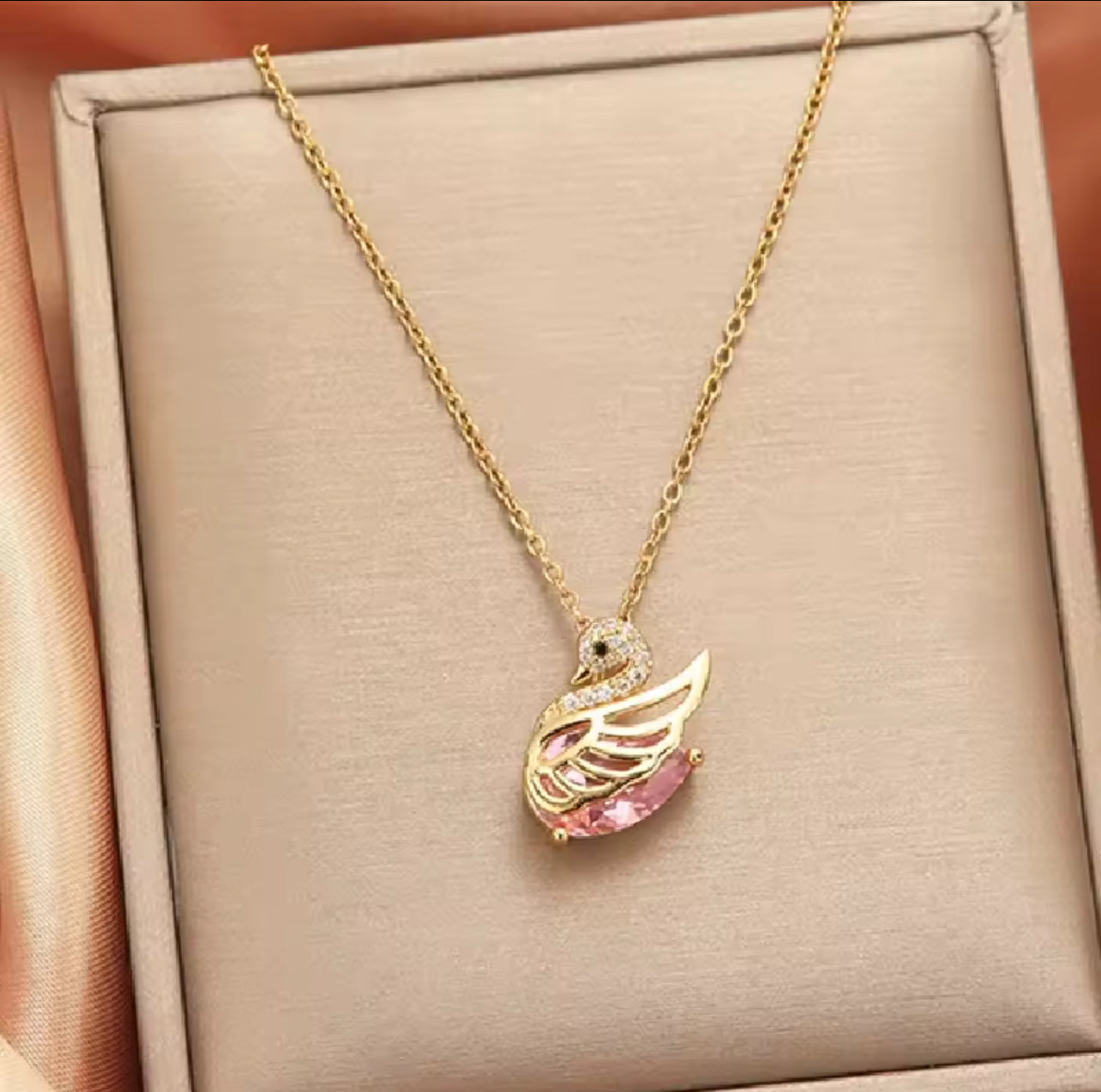 Rose Crystal Swan Stainless Steel Necklace – Gold Plated