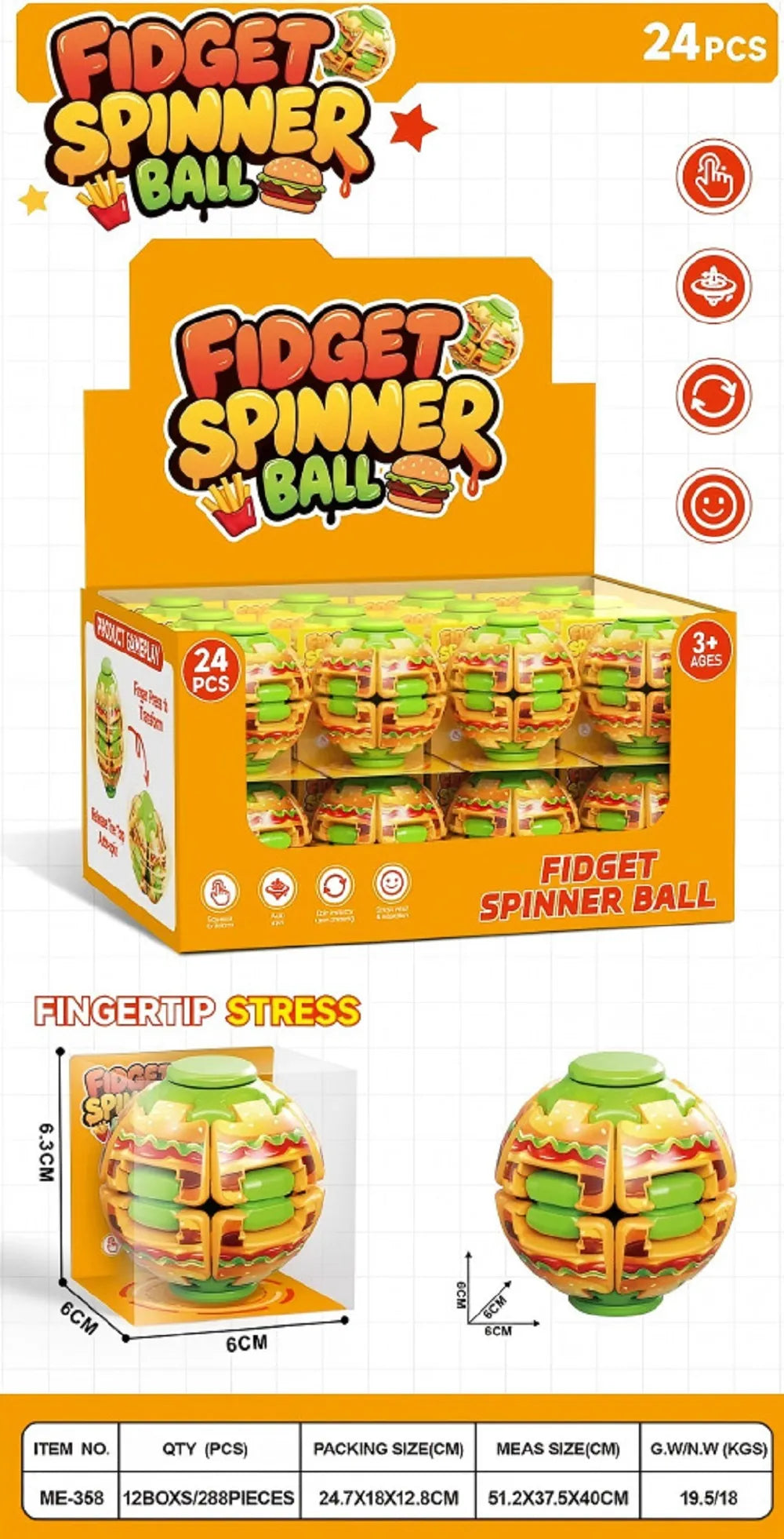 Hamburger Fidget Spinner Ball – Press & Spin Sensory Toy