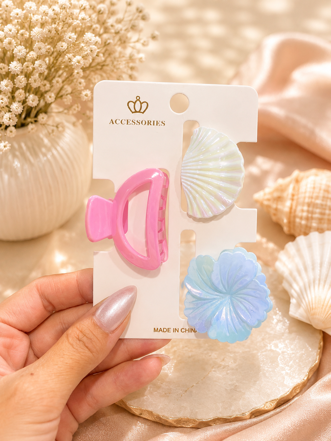 Pastel Shell & Flower Hair Clip Set – 3 Pieces