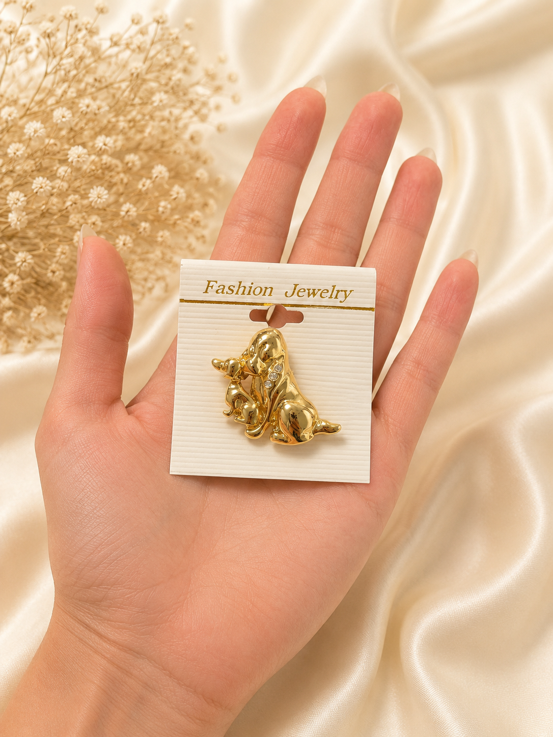 Golden Dog & Puppy Brooch Pin