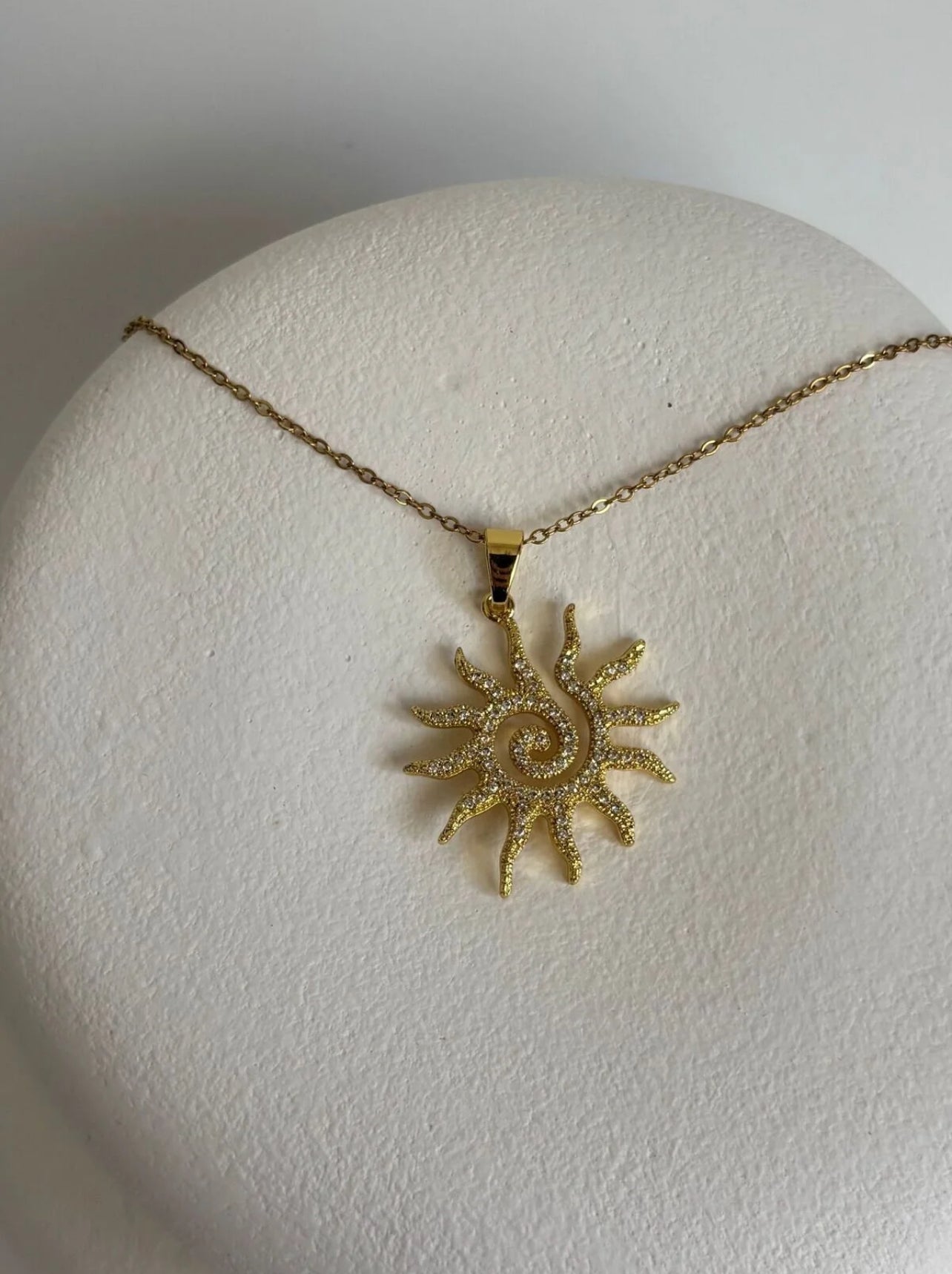 Golden Sun Spiral Pendant Necklace – Stainless Steel with Crystal Details