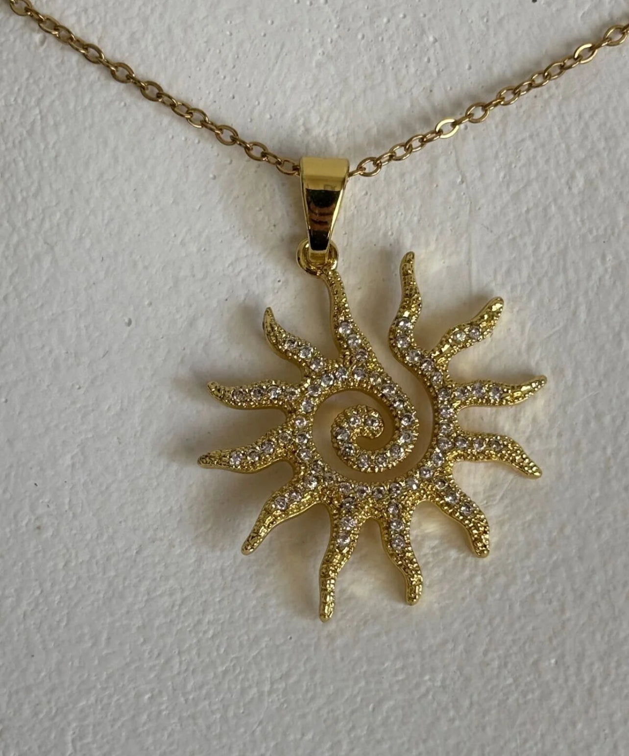 Golden Sun Spiral Pendant Necklace – Stainless Steel with Crystal Details