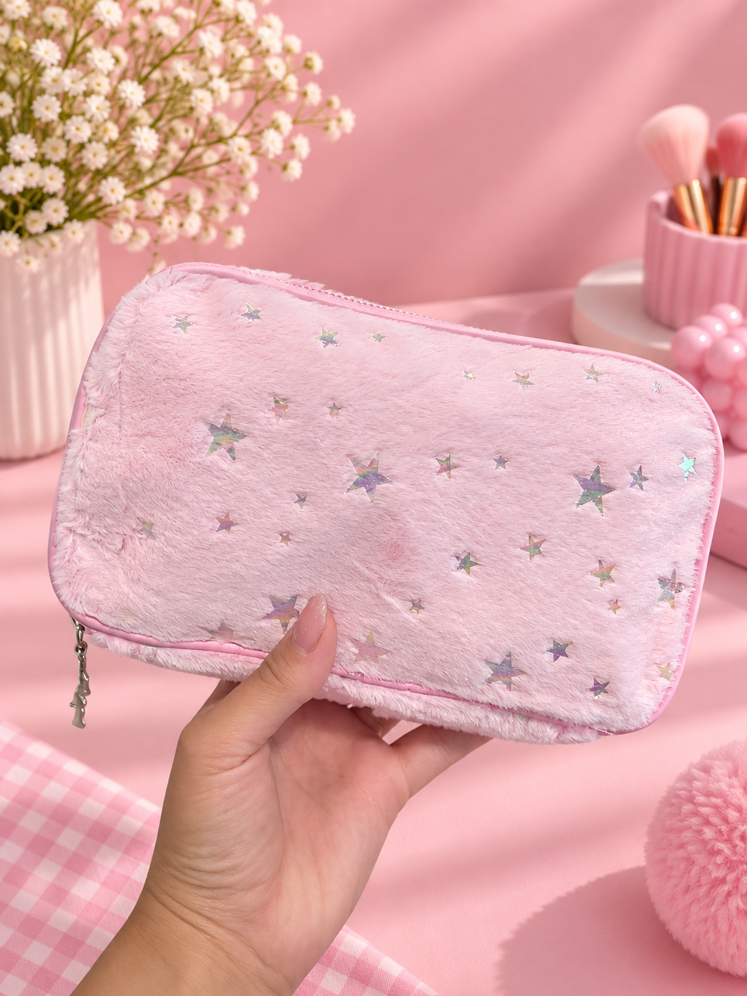 Fuzzy Star Print Double Compartment Pencil Case – Pink & Lavender
