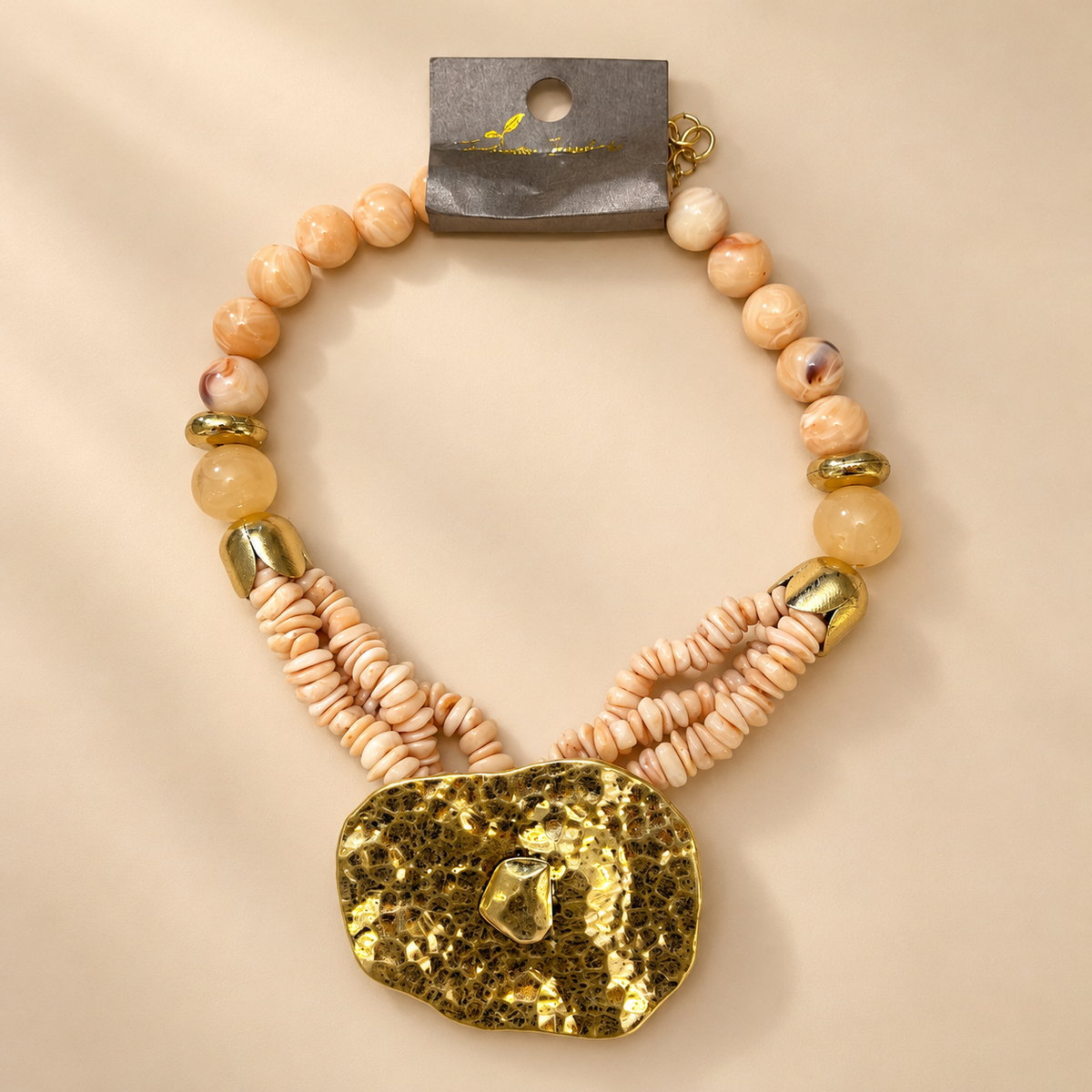 Elegant Statement Necklace – Gold & Beige Beaded Pendant Necklace