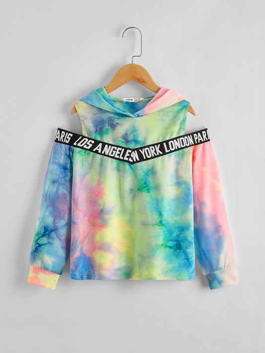 SHEIN Girls Tie Dye Letter Tape Detail Cold Shoulder Hoodie - 8Y