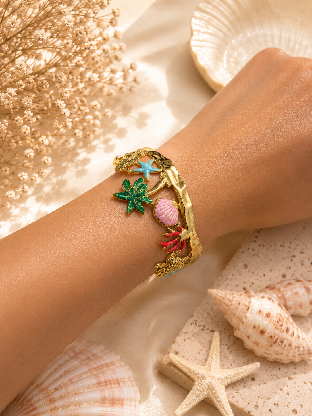 Stainless Steel Ocean Charm Cuff Bracelet – Gold Coastal Open Bangle