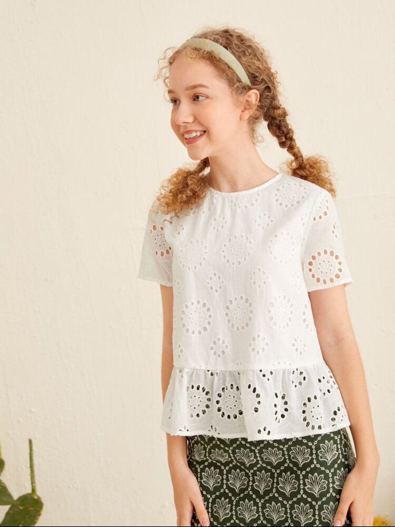 SHEIN Teen Girls Solid Ruffle Hem Schiffy Peplum Summer Top - 8Y