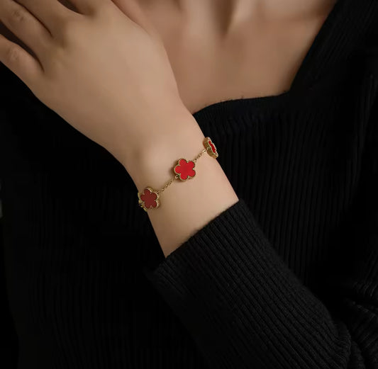 Red Gold Color New Design Plant Five Leaf Flower Bracelet Single sided Plum Blossom Stainless Steel Jewelry Women's Clover