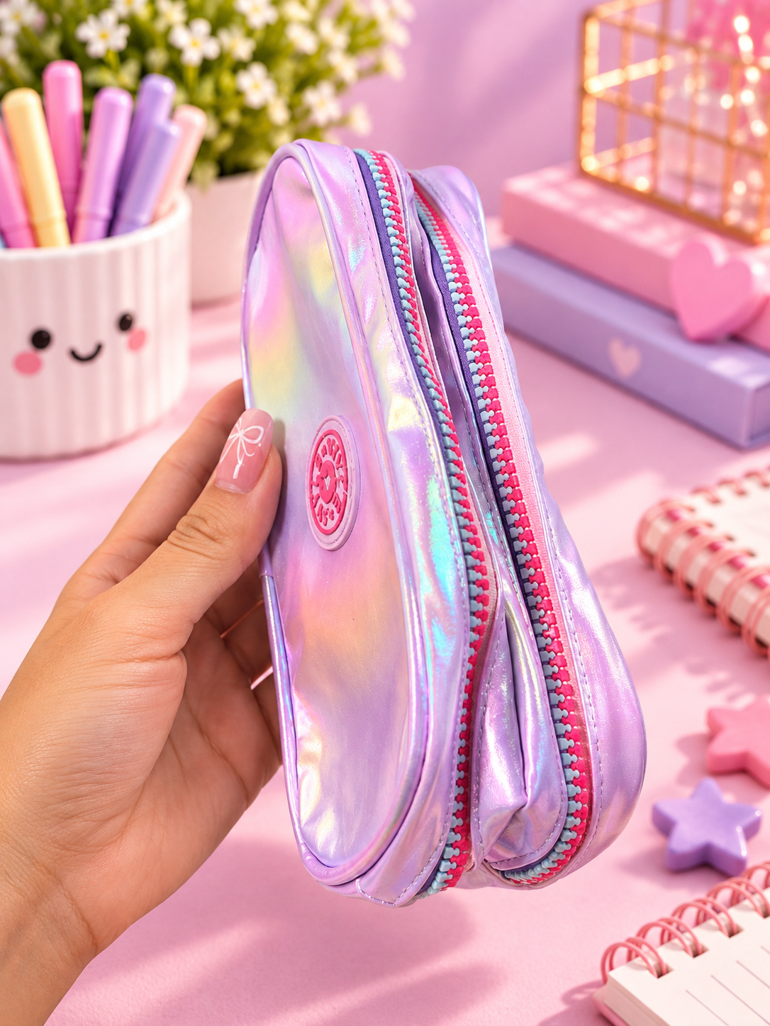 Holographic Double-Zip Pencil Case – Iridescent Pink & Blue