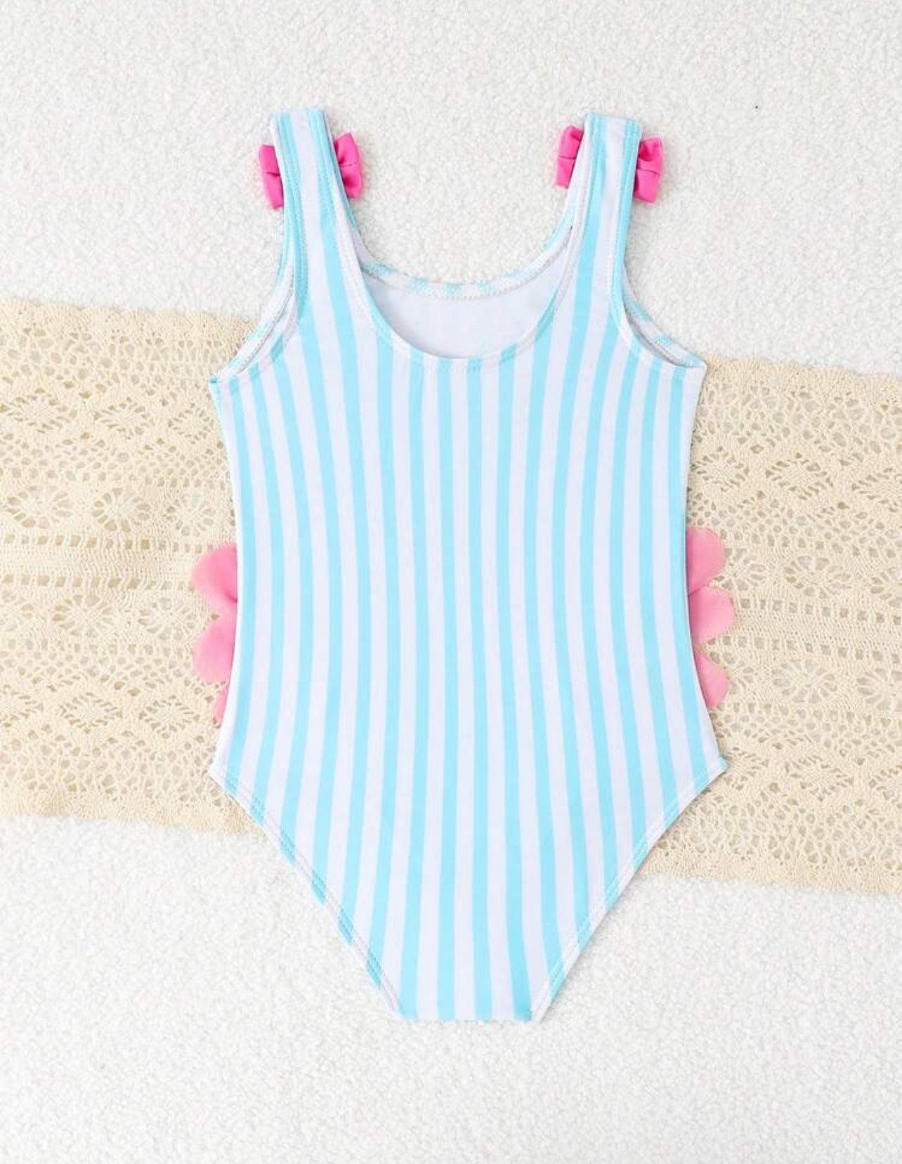 SHEIN Young Girl Flamingo Striped Sleeveless Backless One-Piece Swimsuit, Cute Bow Strap Design, Summer Beach Summer Holiday - 4Y