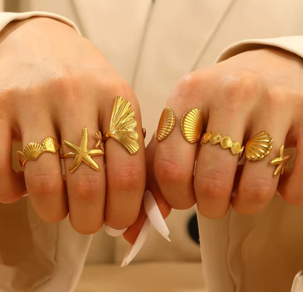 Trendy Gold Color Stainless Steel Ring for Women Bohemian Shell Starfish Conch Flower Butterfly Heart Ring Party Jewelry Gift