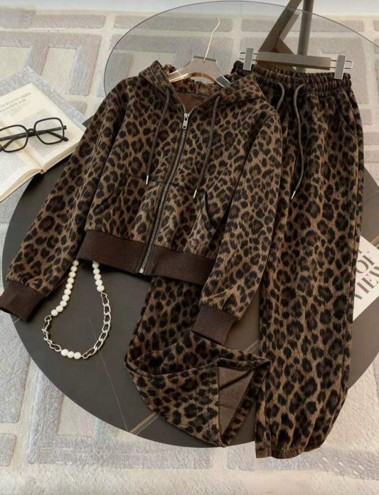 Resyla 2pcs Leopard Print Zip-Up Hoodie Set, Casual Commuter Style, Gift For Friends - Large