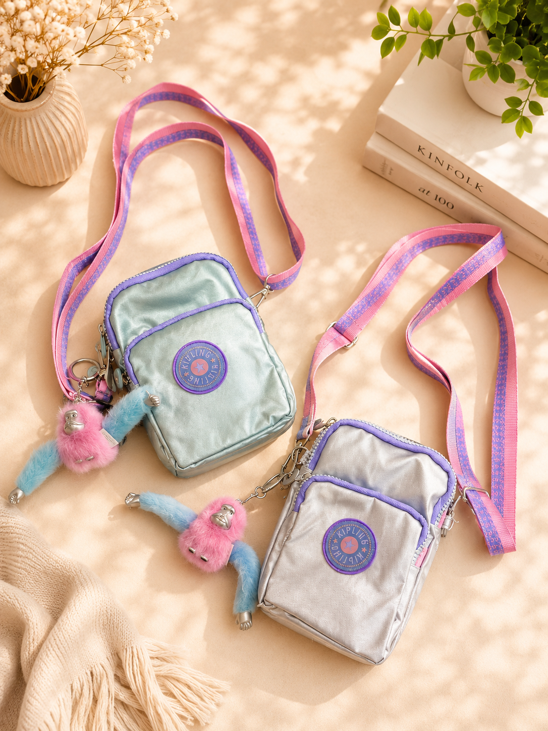 3-Zipper Crossbody Bag with Cute Monkey Charm – Pink & Lavender