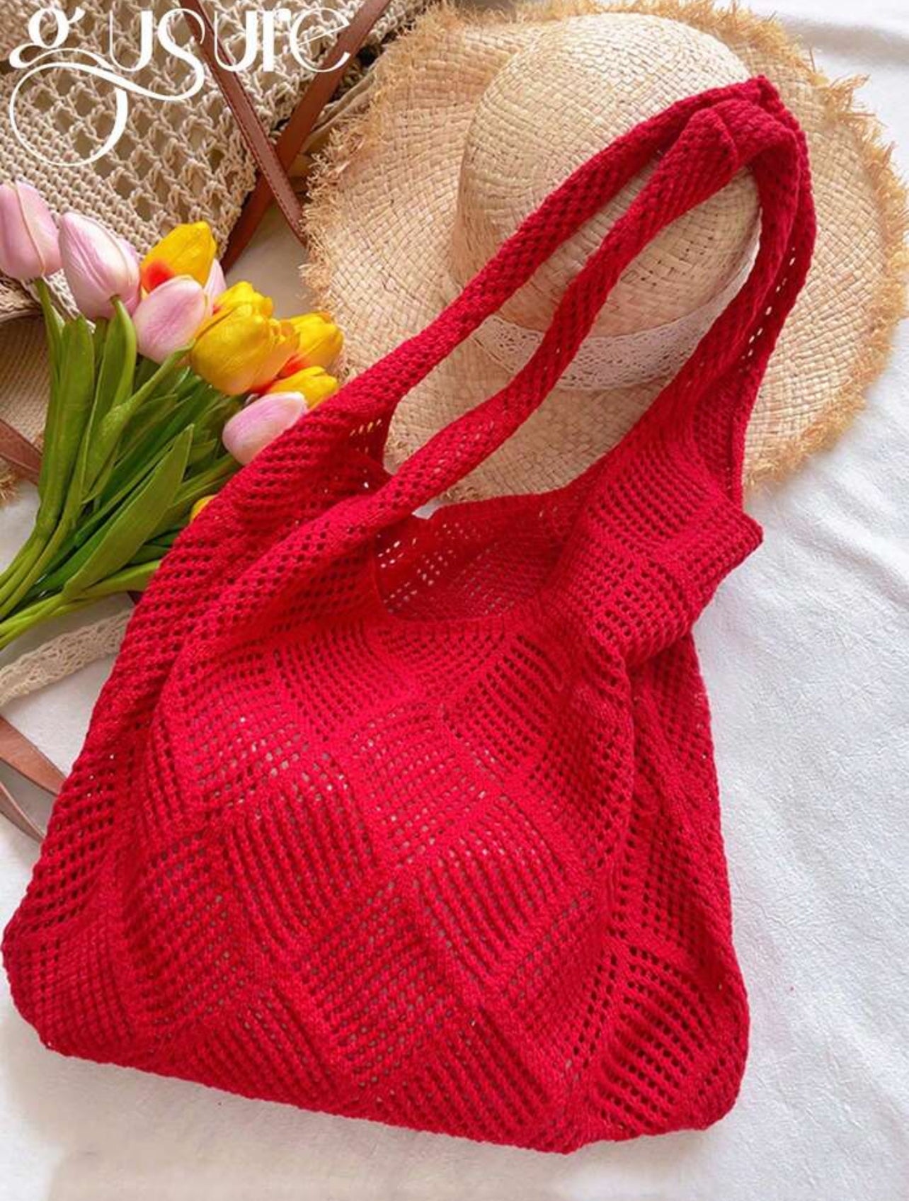 Women Hollow Knitted Shoulder Beach Bag Simple Crochet Handbag Lightweight Casual Hollow Out Pattern Crochet Bag Vacation Style For Teen Girls Women