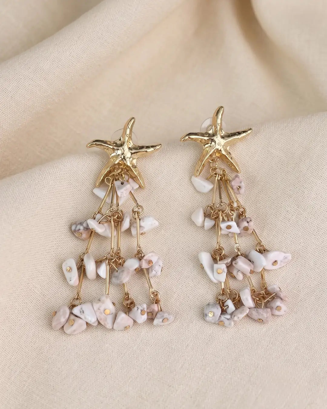 Starfish & White Stone Tassel Drop Earrings – Coastal Gold Statement Earrings