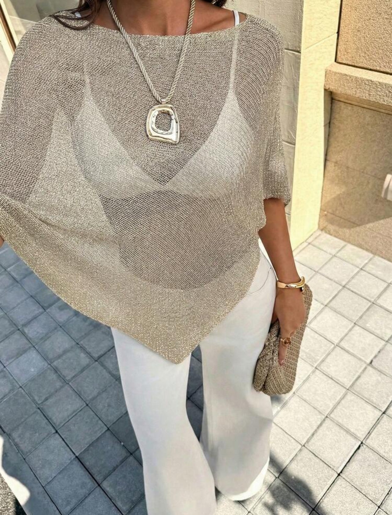 FOR BEAUTY Women's Summer New Knit Top, Casual Style, Solid Gold Loose Shawl Cover Up, Bohemian Style, Suitable For Beach And Vacation - M,L