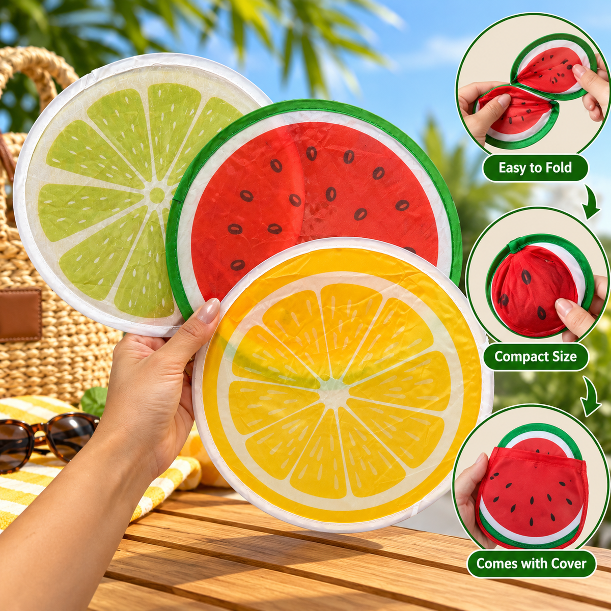 Foldable Summer Hand Fan – Colorful Fruit & Tropical Designs