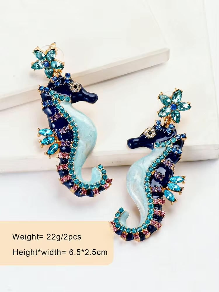 juran Rhinestone Decor Seahorse Drop Earrings