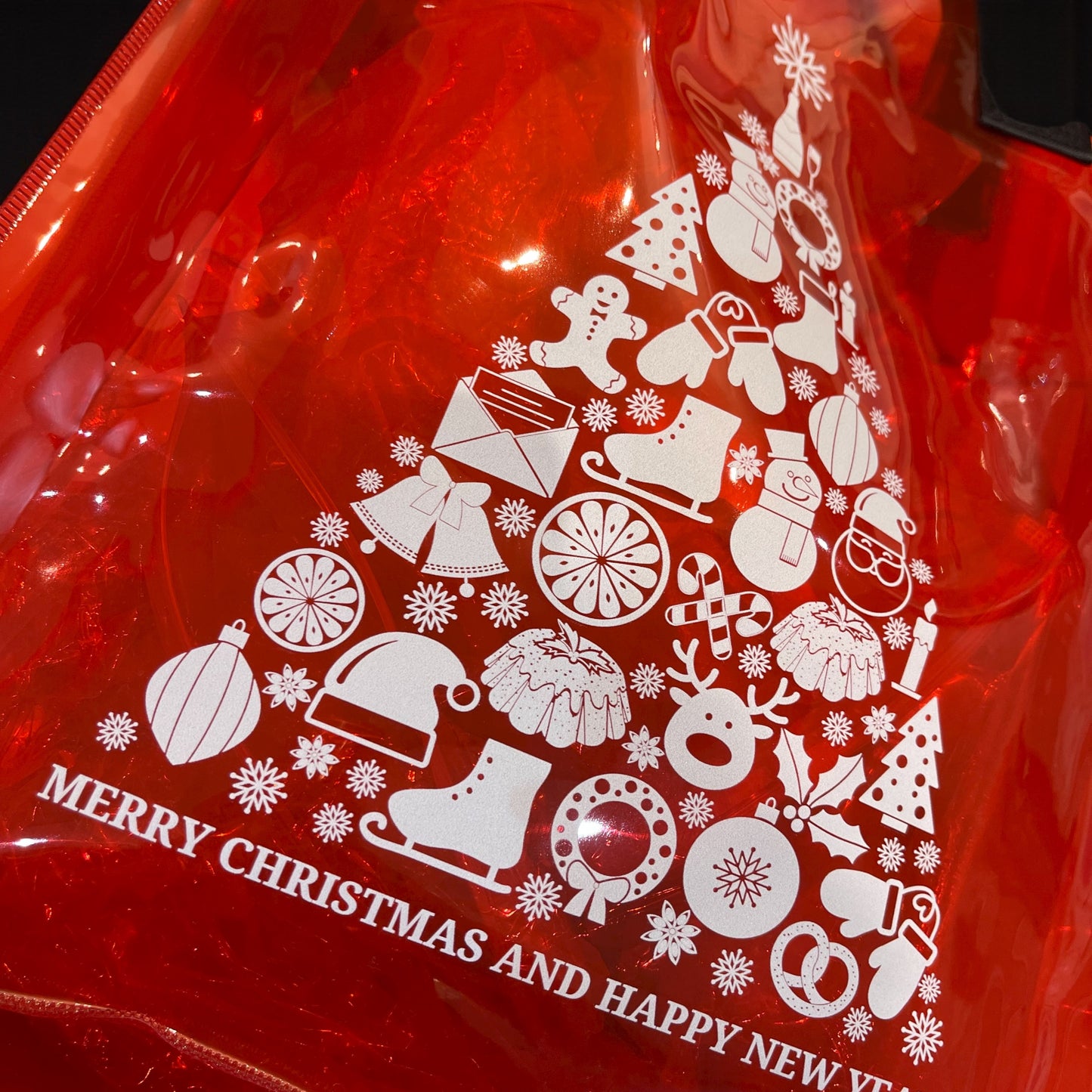 Red Christmas Transparent Tote Bag with Tree Print & Black Handles