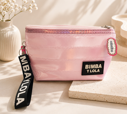 BIMBA Y LOLA Quilted Metallic Cosmetic Pouch with Wrist Strap – Makeup & Travel Organizer