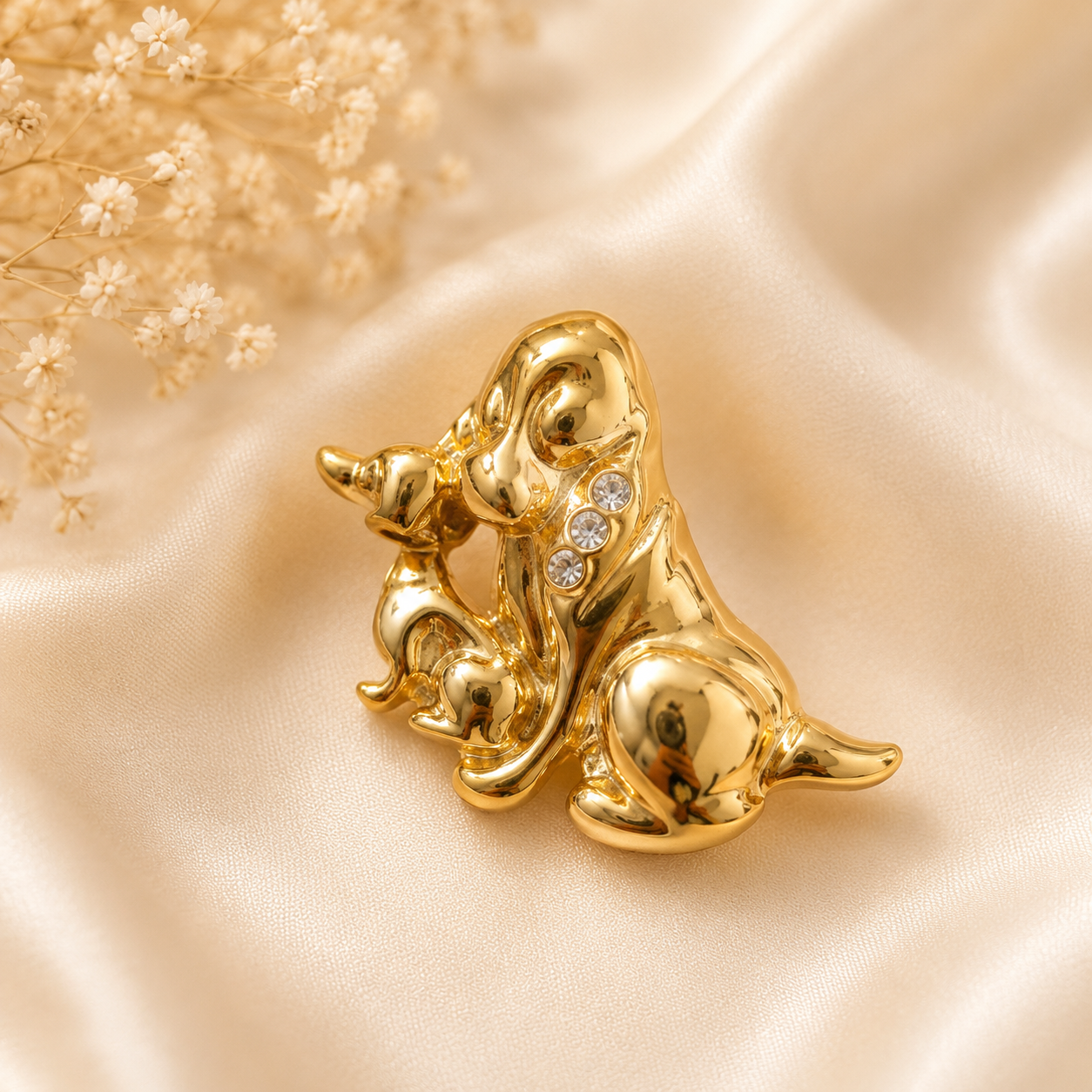 Golden Dog & Puppy Brooch Pin