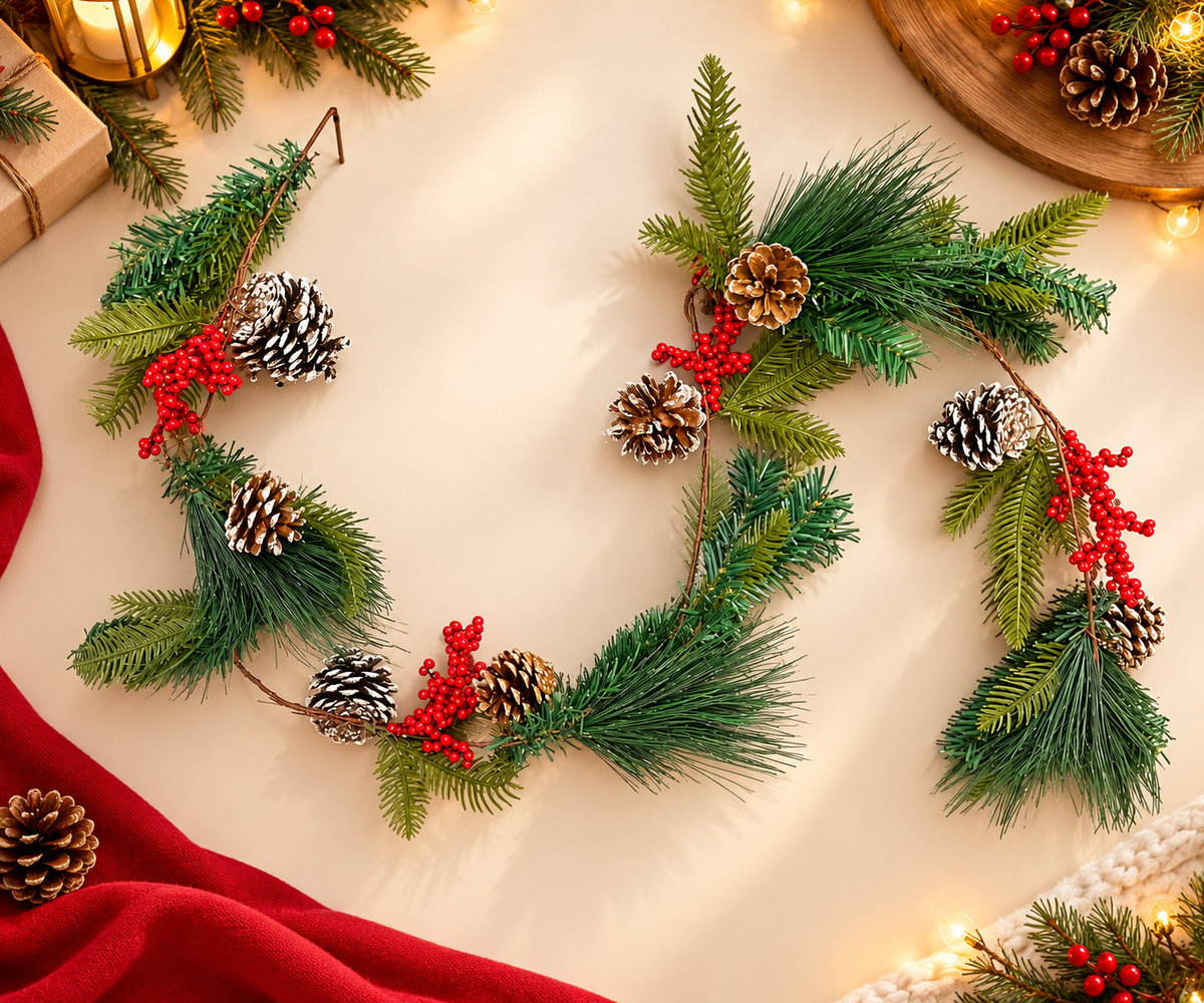 Christmas Pine Garland with Red Berries & Pinecones