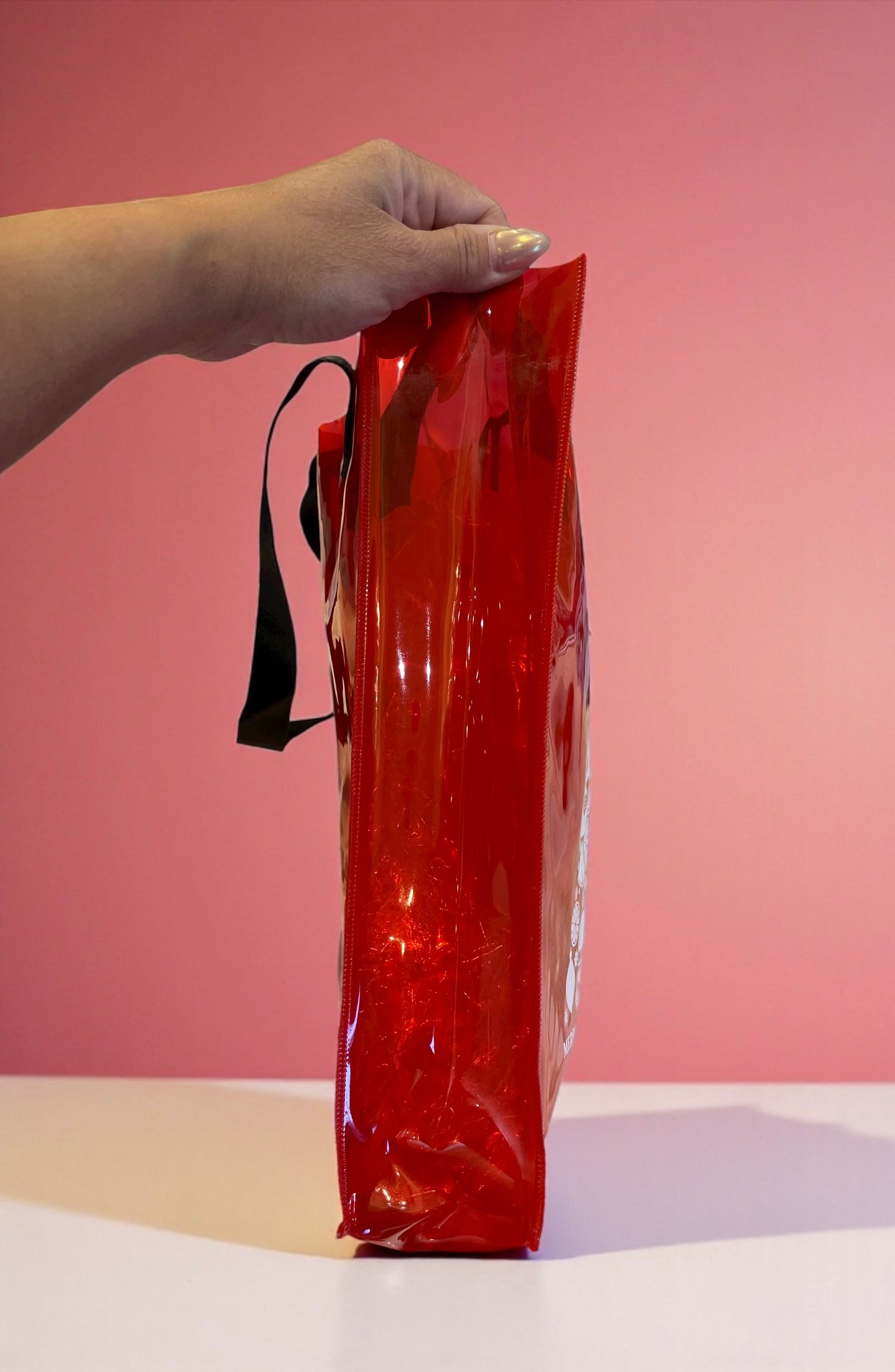 Red Christmas Transparent Tote Bag with Tree Print & Black Handles