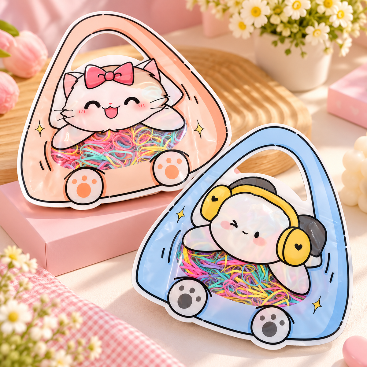 Cute Kawaii Hair Accessories Pouch with Disposable Elastic Hair Ties – Cat & Headphone Designs