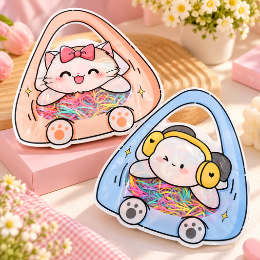 Cute Kawaii Hair Accessories Pouch with Disposable Elastic Hair Ties – Cat & Headphone Designs