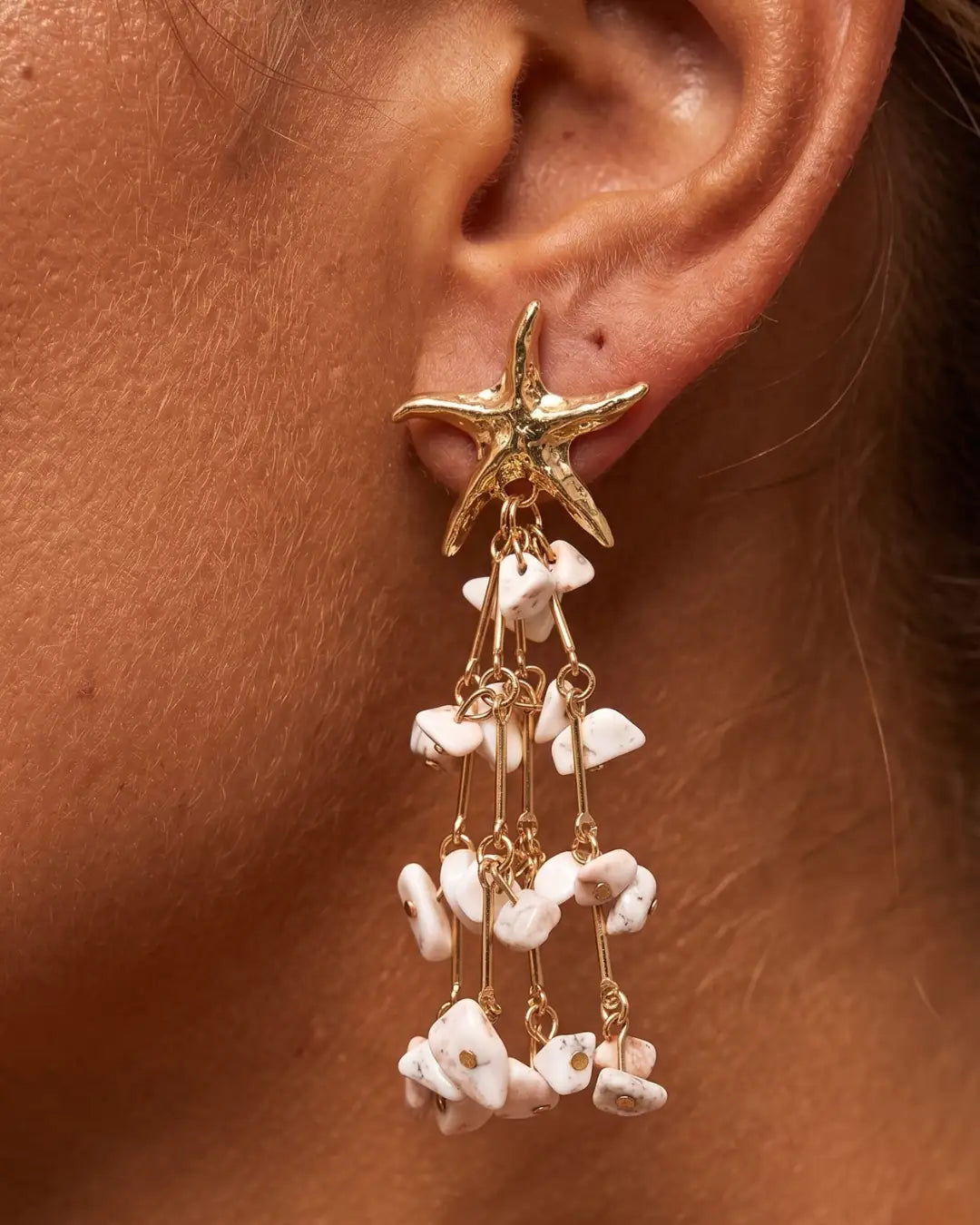 Starfish & White Stone Tassel Drop Earrings – Coastal Gold Statement Earrings