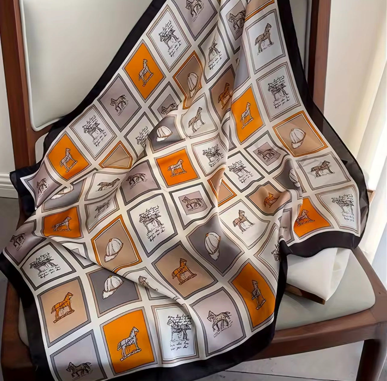 Grid Horse Print Square Scarf Simulated Silk Neck Scarf Stylish Sunscreen Headscarf For Women