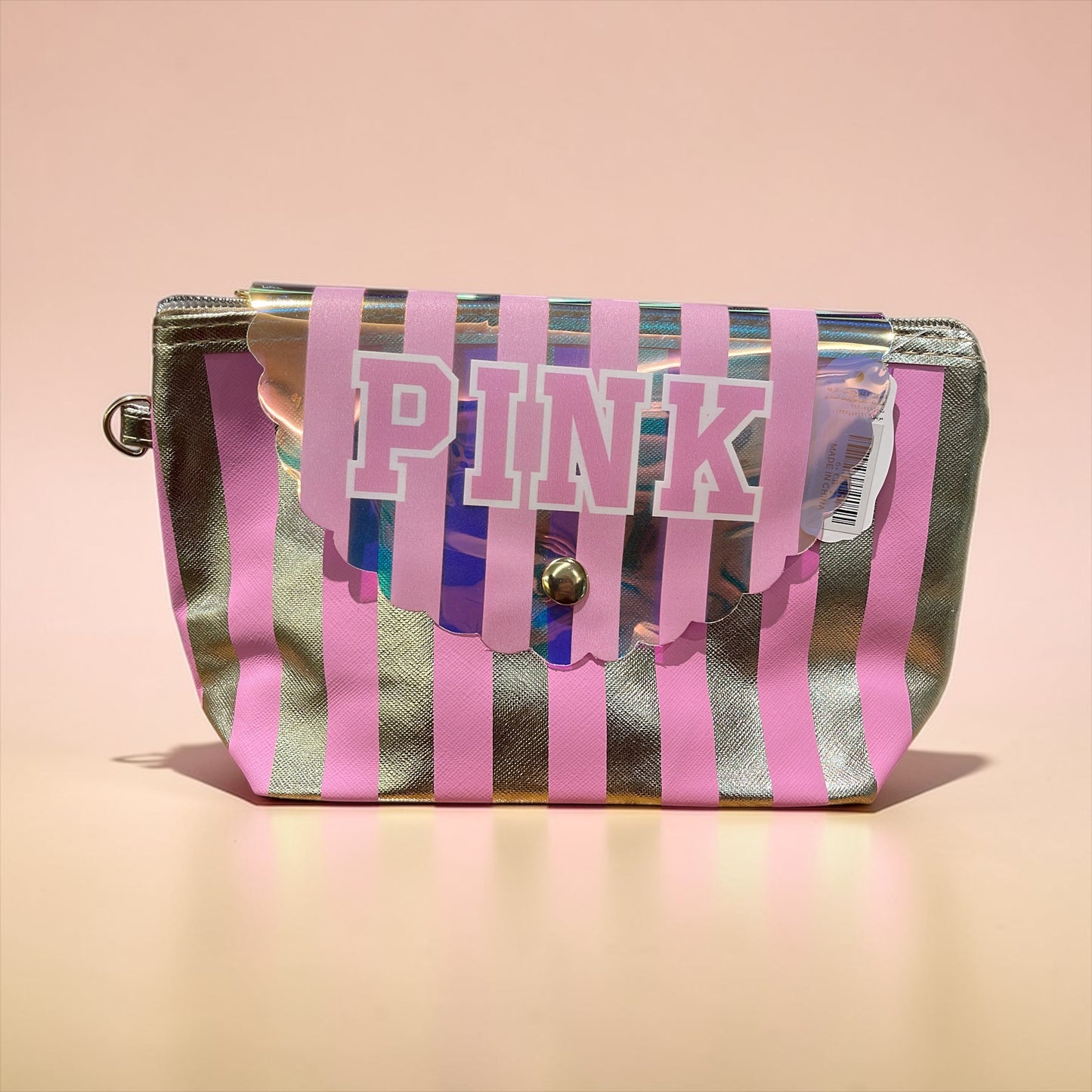 Victoria’s Secret Pink Striped Makeup Pouch – Cosmetic Bag with Zipper & Snap Flap, Travel Beauty Organizer