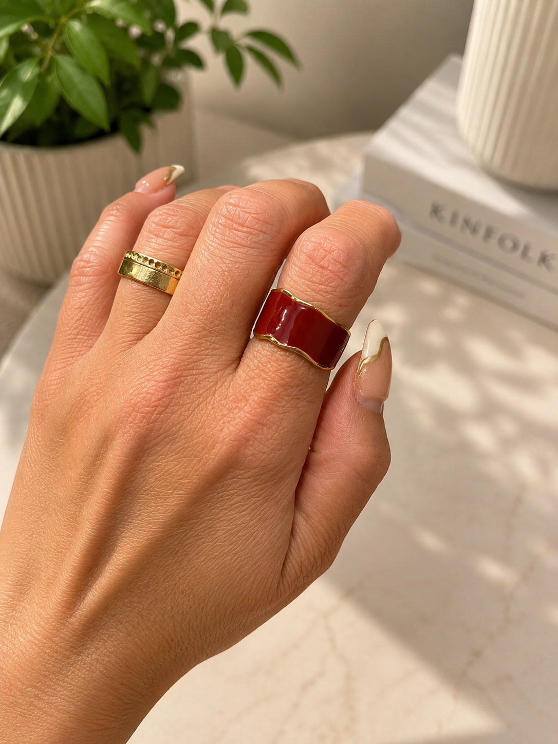Trending Red Enamel Ring – Gold-Tone Stainless Steel (Free Size Adjustable)