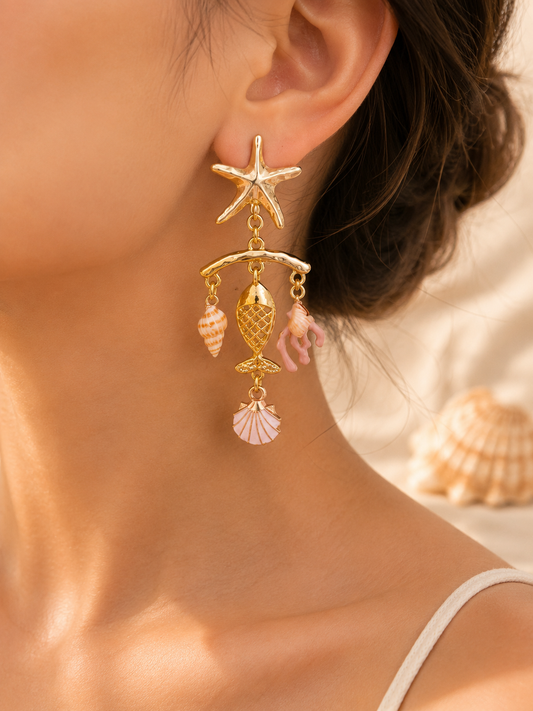 Ocean Charm Starfish & Shell Statement Earrings – Gold Tone