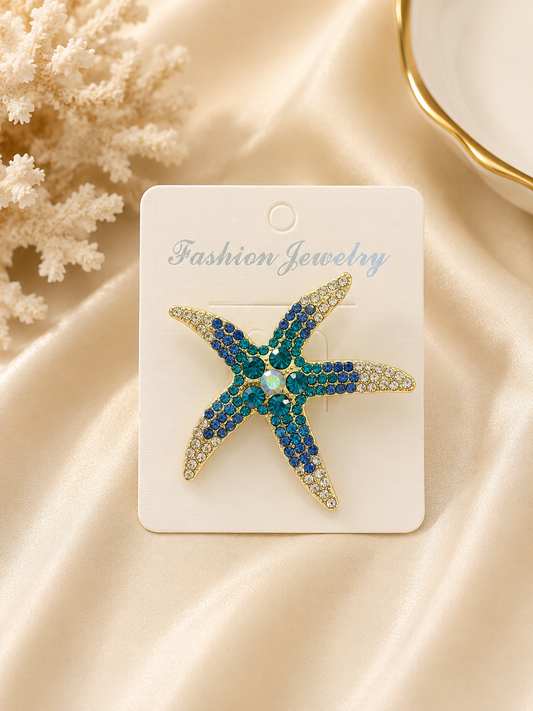 Crystal Starfish Brooch – Ocean-Inspired Rhinestone Pin (Blue & Pink)