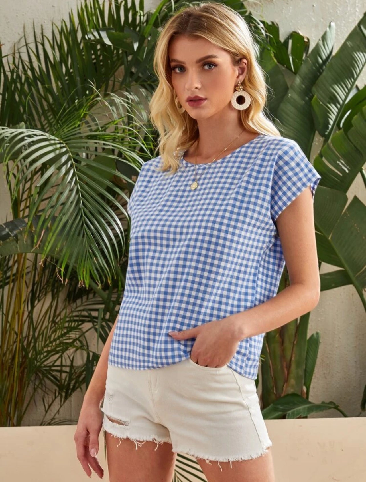 SHEIN LUNE Gingham Batwing Sleeve Top - XL