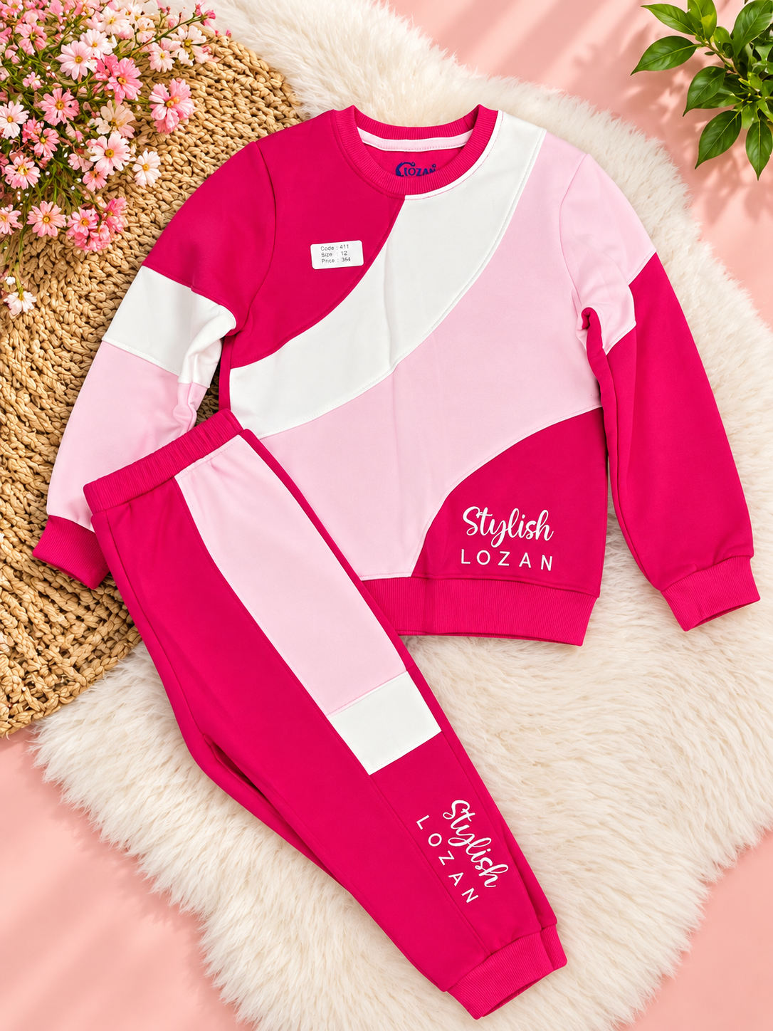 Girls’ Fuchsia Pink & Light Pink Color Block Tracksuit Set - 12 Years