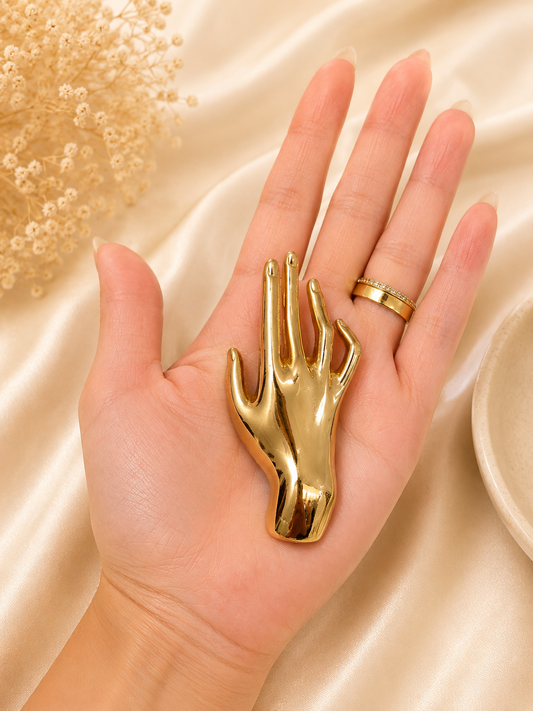 Golden Artistic Hand Brooch – Statement Gold Pin