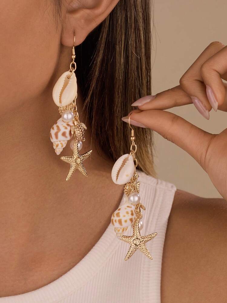 Seaside Charm Shell & Starfish Drop Earrings – Gold Ocean-Inspired Statement Earrings