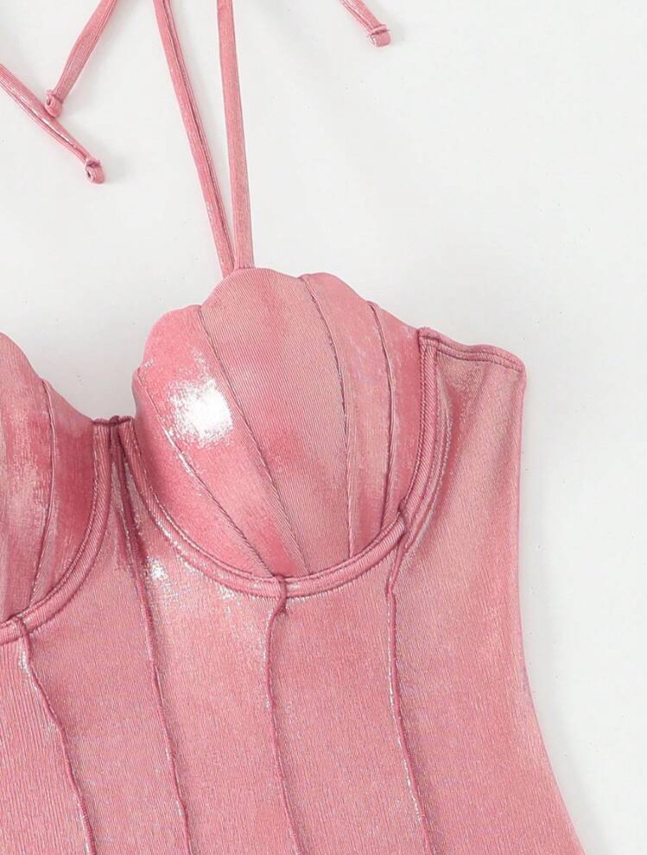 Swim Oasis 2pcs/Set Summer New Shiny Material Shell Decoration Push-Up Women's One-Piece Swimsuit,Pink,70s Retro,Beach Vacation,Holiday,Party,Holiday Bow
