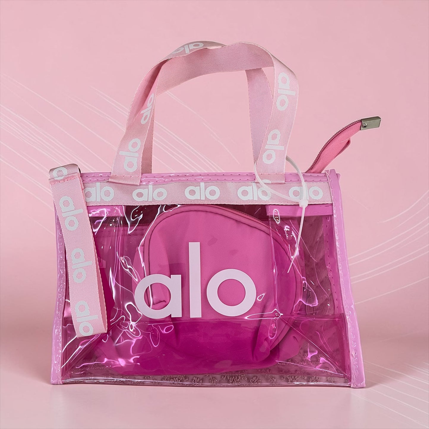 Alo Pink Transparent Tote Bag Set – Clear Handbag with 2 Mini Cosmetic Pouches