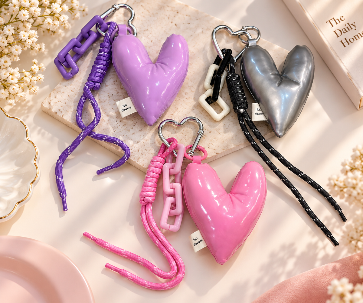 Puffy Heart Keychain with Chunky Chain & Rope – Pink, Purple & Silver